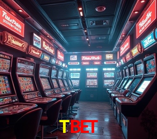 Escena dinámica inspirada en casino con iluminación TBET, cartas, fichas e íconos de juegos digitales en un espacio moderno de juegos.
