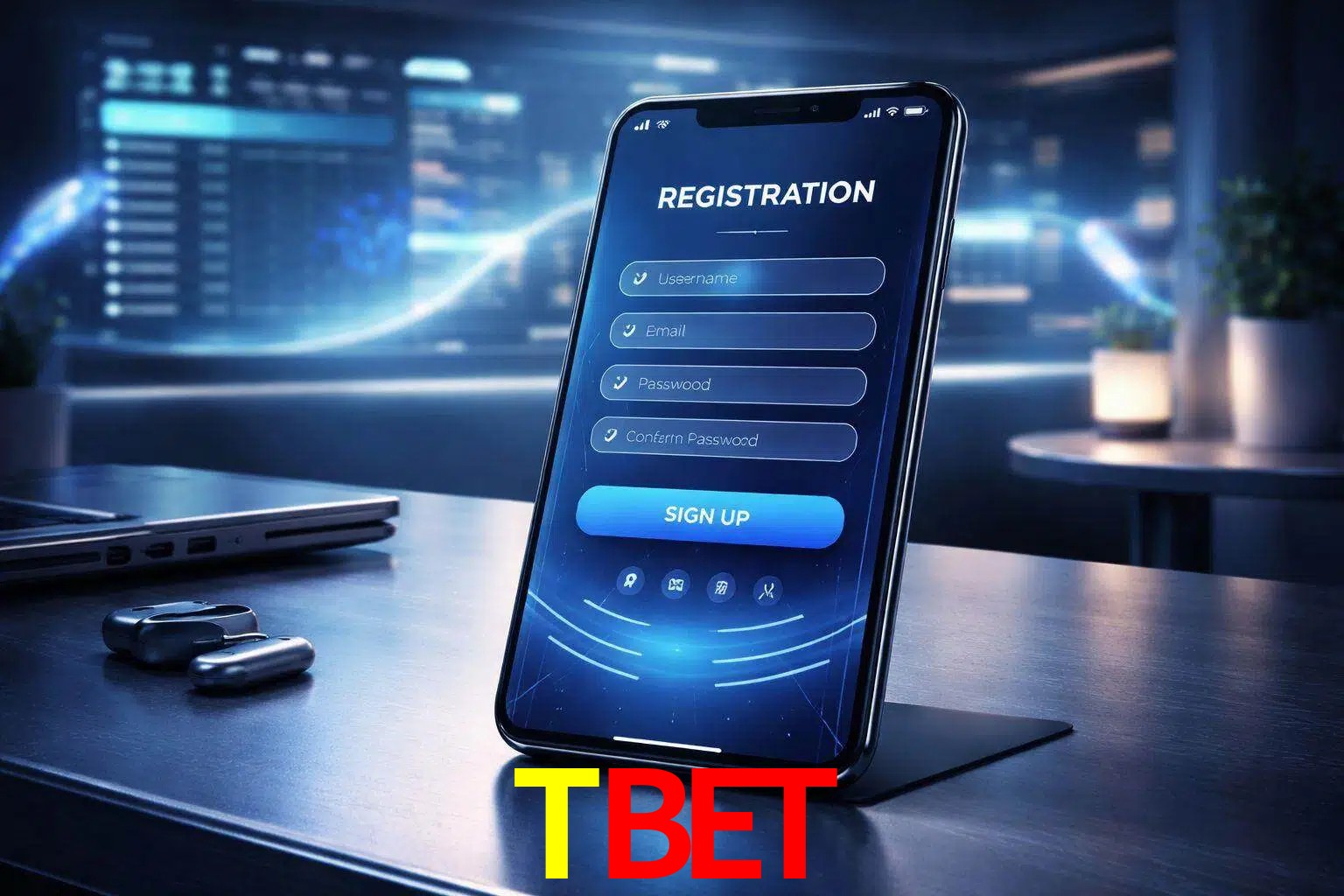 Una interfaz moderna de registro móvil para TBET mostrada en un smartphone con un panel de apuestas elegante.